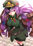  blush book boots bow breasts colored eyepatch gloves goma_azarasi hair_bow hair_ribbon hat highres jacket large_breasts long_hair military military_uniform patchouli_knowledge purple_eyes purple_hair revision ribbon skirt solo sukage touhou uniform violet_eyes 