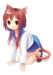 bad_id blush brown_eyes brown_hair kneeling li_(liras) long_hair namori original school_uniform skirt solo tail 