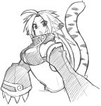  animal_ears blush breasts fang large_breasts long_hair midriff monochrome monster_girl original rumie sketch solo tail 