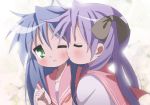  ahoge blue_hair blush cheek_kiss closed_eyes collarbone green_eyes hair_ribbon hiiragi_kagami izumi_konata kiss long_hair lucky_star multiple_girls purple_hair ribbon school_uniform serafuku twintails wink yamasaki_wataru yuri 