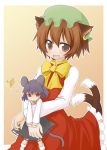  brown_eyes brown_hair cat_ears cat_tail cheese chen earrings grey_hair hat jewelry kou_(pixiv51406) minigirl mouse_ears mouse_tail multiple_tails nazrin red_eyes short_hair tail takami_ryou touhou 