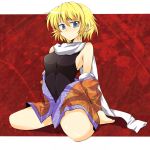  barefoot blonde_hair breasts green_eyes mizuhashi_parsee open_clothes open_shirt pointy_ears scarf shirt short_hair short_sleeves sleeveless solo touhou wedge 