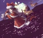  boots christmas flying gloves green_eyes hat night nyaou original purple_hair reindeer santa_costume santa_hat short_hair solo tail 