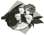  blush boots breasts fetal_position large_breasts lying monochrome rumie short_hair sketch spandex tail wings 