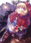  blood bow buletta chain chains cuffs food fruit full_moon grimm's_fairy_tales grin highres hood hyuuga_azuri little_red_riding_hood little_red_riding_hood_(grimm) moon night purple_eyes shackles smile solo vampire_(game) violet_eyes weapon 