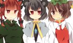  3girls animal_ears bad_id bow braid brown_eyes brown_hair cat_ears chen commentary earrings grey_hair hair_bow ika jewelry kaenbyou_rin mouse_ears multiple_girls nazrin necklace nervous red_eyes red_hair redhead saliva sweat touhou trembling twin_braids you_gonna_get_raped 