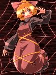  blush_stickers bow buttons dress hair_bow hands kurodani_yamame open_mouth ribbon short_hair solo spider_web symbol-shaped_pupils touhou tro 