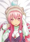  :p blush bonnet cameo casual jewelry long_hair megurine_luka nazna_(daisuke) necklace pink_eyes pink_hair portrait smile solo takoluka takoluka_(cameo) tongue vocaloid 