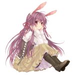 alternate_costume alternate_hairstyle animal_ears boots braid bunny_ears chin_rest contemporary light_smile long_hair pantyhose purple_hair rabbit_ears red_eyes reisen_udongein_inaba sakura_neko simple_background sitting smile solo touhou twin_braids twintails 
