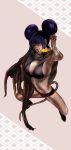  arms_up bikini black_hair breasts cleavage double_bun fire large_breasts s_kengo solo swimsuit tail tattoo yellow_eyes 