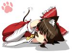  animal_ears bored bow brown_hair cat_ears cat_tail detached_sleeves flat_gaze fujy hair_bow hakurei_reimu japanese_clothes kemonomimi_mode long_hair lying no_nose on_side red_eyes ribbon solo tail tail_wagging touhou 