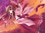  bow breasts brown_hair detached_sleeves flower flower_field hair_bow hakurei_reimu ina_(artist) large_breasts petals red_eyes short_hair solo spider_lily touhou twilight 