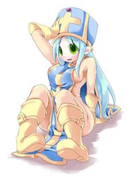  blue_hair blush bodysuit boots dragon_quest dragon_quest_iii frfr gloves green_eyes hat long_hair mitre priest_(dq3) sitting tabard 