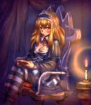 blush bow_(artist) bow_(bhp) breasts cleavage dress gothic_lolita handheld large_breasts lolita_fashion long_hair original playing_games red_eyes sitting solo striped striped_legwear striped_thighhighs thigh-highs thighhighs 