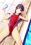  breasts brown_hair competition_swimsuit goggles legs long_hair lying norizou_type-r on_back one-piece_swimsuit original pool purple_eyes smile solo swimsuit violet_eyes wet 