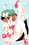  brown_eyes brown_hair cat_ears cat_tail chen earrings hat jewelry multiple_tails natsume_eri no_nose short_hair solo tail thigh-highs thighhighs touhou 