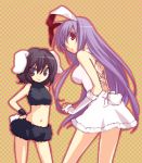  akr_et alternate_costume animal_ears bad_id bare_shoulders black_hair breasts bunny_ears bunny_tail detached_sleeves dress inaba_tewi long_hair looking_back midriff multiple_girls navel open-back_dress open_back purple_hair rabbit_ears red_eyes reisen_udongein_inaba smile tail touhou 