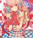  brown_eyes checkered dress gloves hair_bow hands_clasped long_hair macco orange_eyes original pink_hair plaid smile solo tartan twintails 