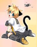  animal_ears aqua_eyes blonde_hair cat_ears cat_tail detached_sleeves kagamine_len male open_mouth sacchon sattyon shorts tail vocaloid 