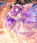  bow danmaku fire hair_bow hat long_hair patchouli_knowledge pointing purple_eyes purple_hair ribbon robe sleeves_past_wrists solo striped touhou very_long_hair vetina violet_eyes wide_sleeves 