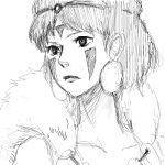  earrings facial_mark ghibli hair_ornament jewelry lowres monochrome mononoke_hime oekaki san short_hair simple_background sketch solo studio_ghibli 