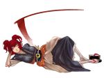  breasts hair_bobbles hair_ornament japanese_clothes lying on_side onozuka_komachi red_eyes red_hair redhead s_kengo scythe short_hair simple_background single_shoe solo touhou twintails 