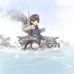  battleship blush brown_hair hat imperial_japanese_navy long_hair mecha_musume mikasa_(battleship) military military_uniform sano_toshihide thigh-highs thighhighs uniform water 