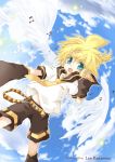  96mame angel aqua_eyes belt blonde_hair detached_sleeves feathers headset kagamine_len male musical_note necktie open_mouth shorts sky smile solo vocaloid wings 