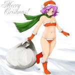  blue_eyes blush boots christmas funky-harem gloves hat latooni_subota purple_hair sack santa_hat scarf shiny shiny_skin short_hair shu-z snow super_robot_wars swimsuit 