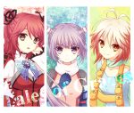  brown_eyes brown_hair cheria_barnes elbow_gloves gloves hair_ribbon kai_akatsuki_mare kai_aki multicolored_hair multiple_girls pascal purple_eyes purple_hair red_hair redhead ribbon short_hair smile sophie_(tales_of_graces) tales_of_(series) tales_of_graces title_drop twintails two-tone_hair two_side_up violet_eyes yellow_eyes 