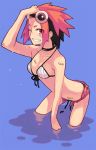  bikini_top blush breasts cleavage front-tie_top goggles goggles_on_head grin multicolored_hair pink_eyes red_hair redhead rumie shorts smile water wink 
