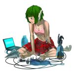  computer drill feet green_eyes green_hair laptop multi pleated_skirt robot robot_ears s_kengo short_hair sitting skirt solo sweatdrop to_heart 