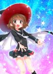  1girl brown_eyes brown_hair cape hat ko_ru_ri neckerchief open_mouth original short_hair skirt smile solo star witch witch_hat 