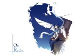  bird blue_eyes blue_hair greenheart kaito male mechanical_wings old_radio_(vocaloid) scarf sitting sky smile solo vocaloid wings 