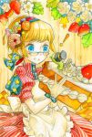  apron blonde_hair blue_eyes cake dress food food_as_clothes fruit glasses k_ototo ori original pastry solo strawberry worm worms 