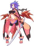  blue_hair blush breasts cape katana large_breasts original red_eyes rumie sandals solo spandex sword tail toes weapon wings 
