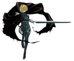  cape clare clare_(claymore) claymore claymore_(sword) detached_sleeves grey_eyes legs lips s_kengo short_hair silver_eyes simple_background solo sword thigh-highs thighhighs weapon 