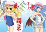  bat_wings blonde_hair blue_hair culter flandre_scarlet frilled_swimsuit frills hands_on_hips hat multiple_girls one-piece_swimsuit red_eyes remilia_scarlet short_hair siblings side_ponytail sisters swimsuit touhou translation_request wings 