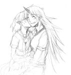  blush cheek_kiss closed_eyes embarrassed grin horn horns hoshiguma_yuugi kiss long_hair mizuhashi_parsee monochrome multiple_girls pointy_ears rex_k short_hair short_sleeves sketch smile sweatdrop touhou traditional_media yuri 