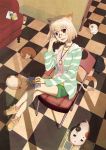  :3 animal_ears blonde_hair book cat crossed_arms glasses highres legs lips original pandaun red_eyes shoes short_hair shorts sitting smile sneakers solo tail too_many_cats 