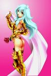  armor ass blue_eyes blue_hair breasts cape genderswap gold_armor legs lips lipstick long_hair no_bra no_panties pisces_aphrodite saint_seiya sideboob solo 