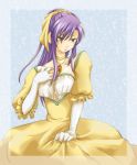  1girl alternate_hairstyle annoyed choker dress elbow_gloves faris_scherwiz female final_fantasy final_fantasy_v frilled_dress frills gloves green_eyes hair_ribbon jewelry long_hair necklace pendant ponytail purple_hair ribbon solo tkis yellow_ribbon 