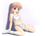  brown_hair flat_chest kneeling loli long_hair norizou_type-r panties smile socks sports_bra striped striped_panties tank_top underwear 