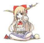  1girl artist_request barefoot blonde_hair bow brown_eyes brown_hair chain chains clenched_hand foreshortening hair_bow hair_ornament horns ibuki_suika indian_style oni shirodama sitting sketch skirt sleeveless sleeveless_shirt smile solo touhou traditional_media 