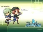  2011 ao_no_kiseki belt beret black_legwear boots brown_hair card character_name chibi eiyuu_densetsu enami_katsumi falcom green_hair grey_eyes gun hat jacket looking_back noel_seeker official_art pants scarf shoes short_hair shorts smile thigh-highs thighhighs title_drop wazy_hemisphere weapon yellow_eyes zero_no_kiseki 