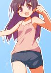  9law :d bare_shoulders blush brown_hair camisole long_hair open_mouth original purple_eyes running shorts smile solo violet_eyes 
