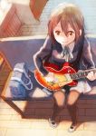  bag brown_eyes brown_hair couch fukutarou_(enji127) guitar hirasawa_yui instrument k-on! pantyhose school_uniform short_hair solo 
