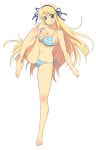  absurdres barefoot bikini blonde_hair blue_ribbon blush breast_press breasts cleavage feet green_eyes grin hair_ribbon highres katsuragi_(senran_kagura) large_breasts leg_hug leg_lift long_hair looking_at_viewer official_art ribbon senran_kagura side-tie_bikini simple_background smile solo standing standing_on_one_leg string_bikini striped striped_bikini striped_swimsuit swimsuit teeth toes torii_takashi under_boob underboob very_long_hair white_background 