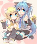  :t animal_ears aqua_eyes ascot black_legwear blonde_hair blue_eyes blue_hair blush boots bow cat_ears cat_tail detached_sleeves fang green_hair hair_ornament hairclip hatsune_miku kagamine_rin long_hair multiple_girls necktie paw_pose poooka short_hair skirt tail thigh-highs thigh_boots thighhighs twintails very_long_hair vocaloid 