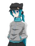  animal_hat aqua_hair blue_eyes cat_hat evangelion:_3.0_you_can_(not)_redo hands_in_pockets hat hatsune_miku highres long_hair neon_genesis_evangelion oonishi_shunsuke rebuild_of_evangelion shikinami_asuka_langley_(cosplay) simple_background solo track_jacket twintails very_long_hair vocaloid white_background wink 